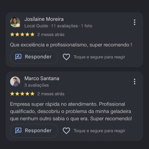 Avaliação 5 estrelas no Google sobre conserto de geladeira na Barra da Tijuca